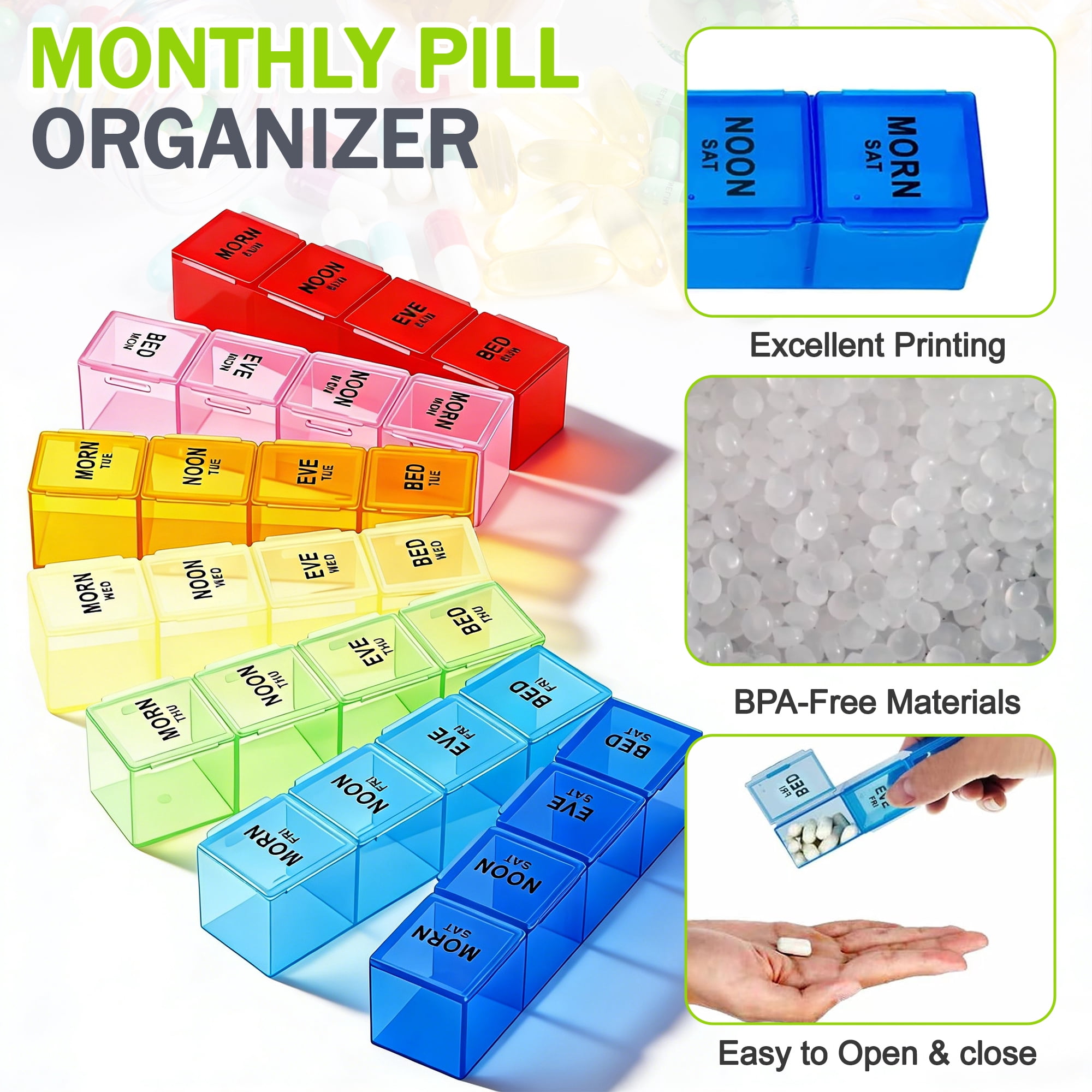 Weekly Pill Organizer 4 Times a Day, 7 Day Pill Box with 28 Compartments, Colorful Pill Case for Vitamins, Supplements, Medication