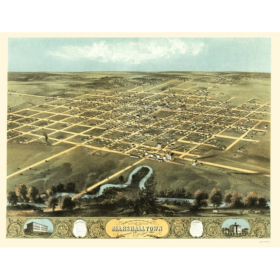 Historic Panoramic View - Marshalltown Iowa - Ruger 1868 - Vintage Wall Art