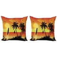 thumbnail image 1 of Tropical Throw Pillow Cushion Cover Pack of 2, Sunset Sea Beach with Coconut Palms Surfer Ship and Gulls in Sky, Zippered Double-Side Digital Print, 4 Sizes, Dark Brown Vermilion, by Ambesonne, 1 of 2