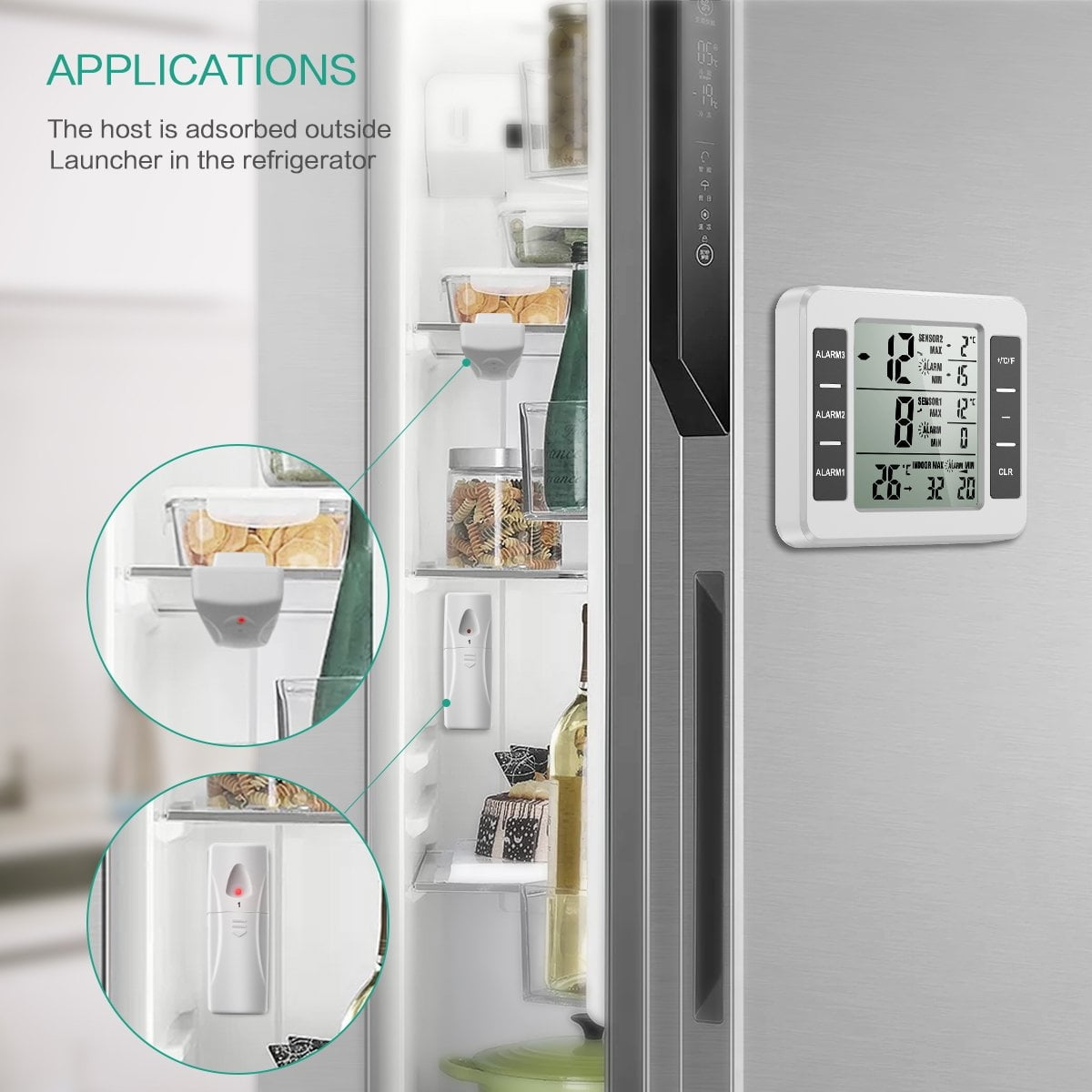 Refrigerator thermometer, one to two, household wireless indoor and outdoor thermometer with 2 sensors, alarm display, wireless indoor and outdoor thermometer,1 drag 2