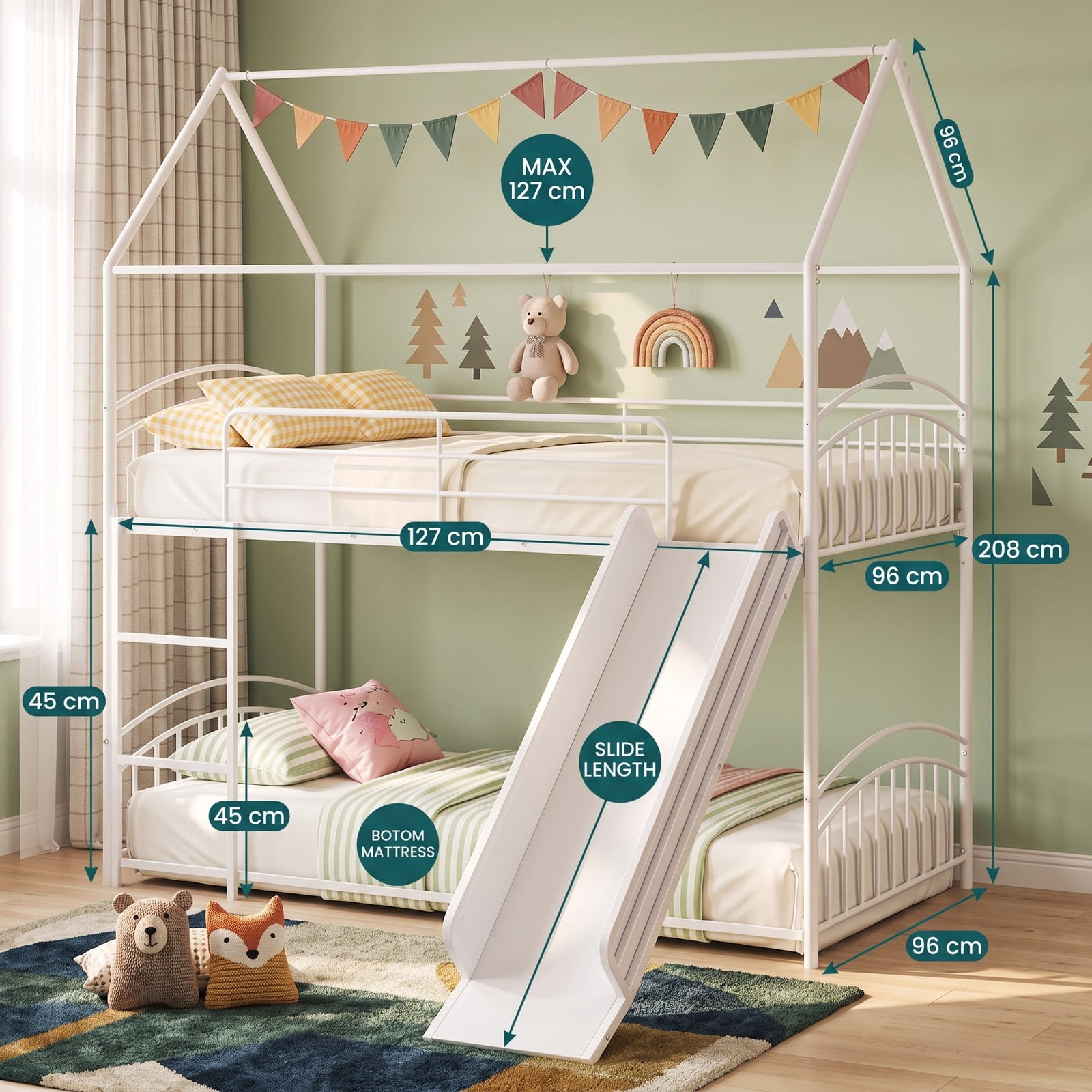 Furnibear Twin Over Twin House Bunk Bed with Slide Ladder and Heavy-duty Metal Slats for Kids and Shared Bedrooms, White