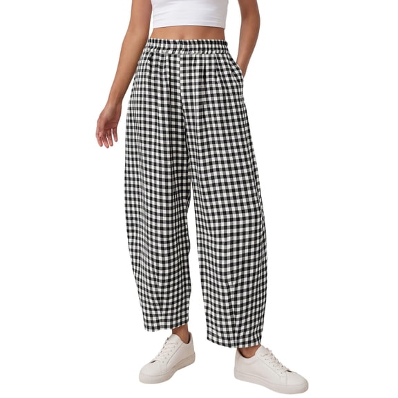 Yifymode Womens Gingham Pants Checkered Plaid Striped Wide Leg Palazzo Pants Lounge Trousers with Pockets,Black L