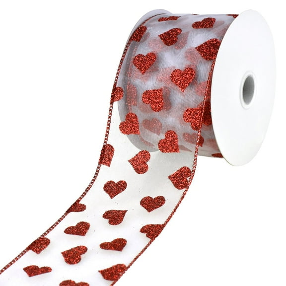 Sheer Organza Glitter Hearts Valentine's Day Wired Ribbon, 2-1/2-Inch, 10-Yard - White