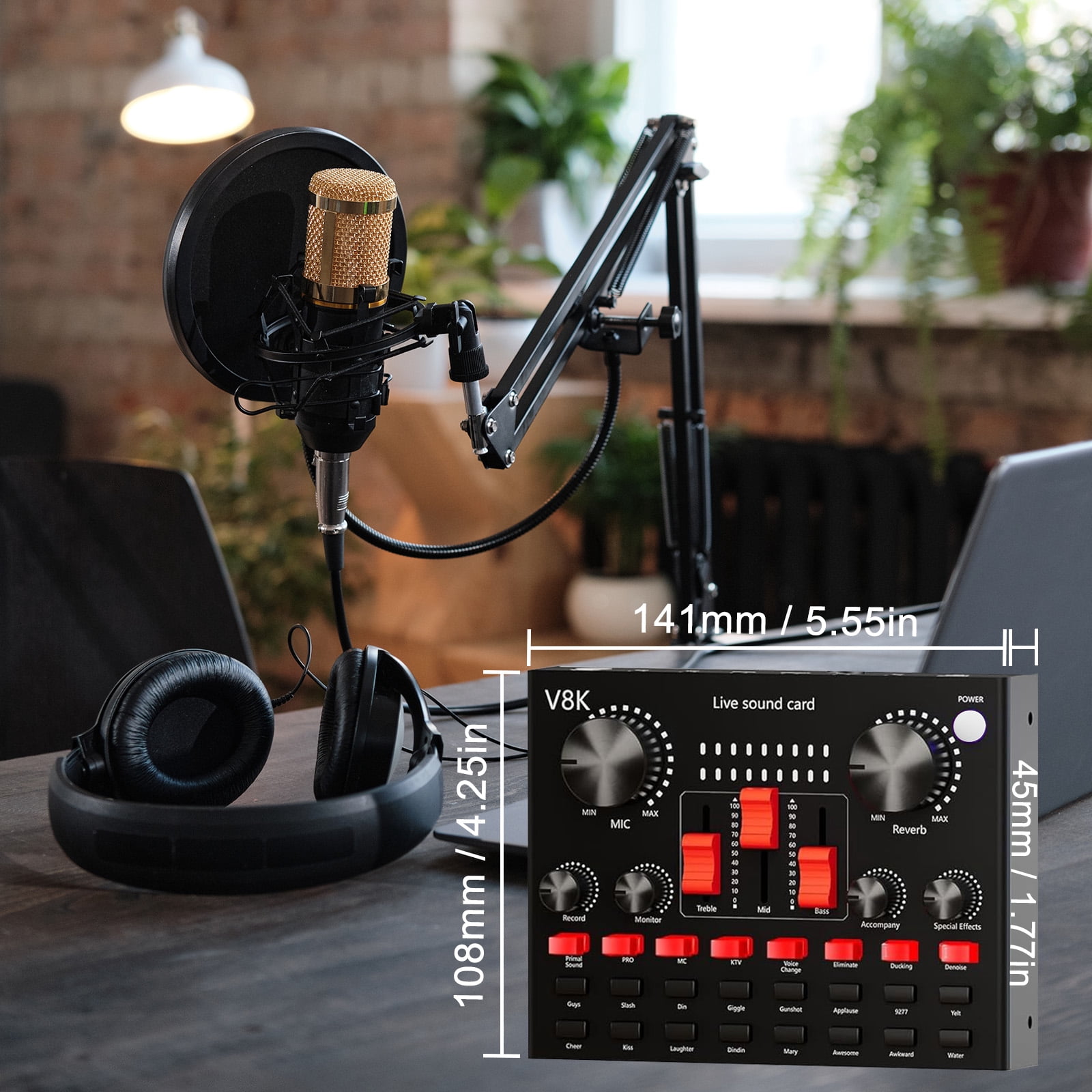 2-Person Podcast Equipment Bundle with Dual BM800 Microphones, V8K Live Sound Card & Mixer for PC/Mobile Live Streaming, Singing, Gaming, Voice Changer