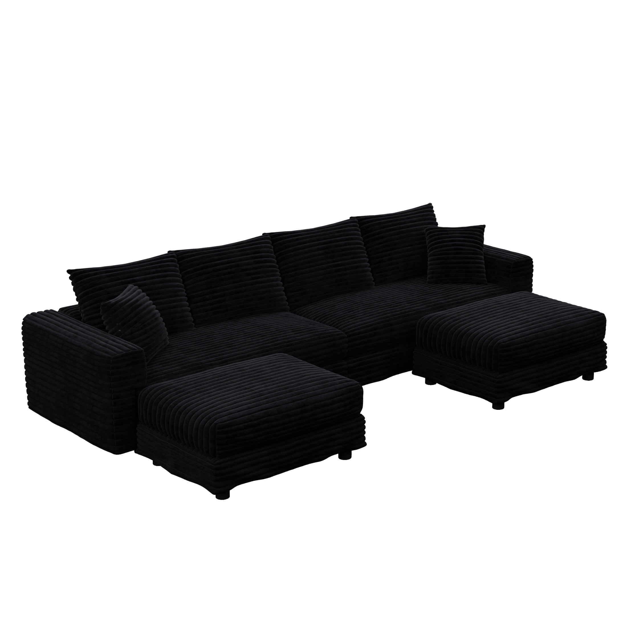 Noble House Nesta 4-Seat Plush Corduroy Cloud Sofa, Convertible Deep Seat Lounge Couch with 2 Ottomans & Soft Pillows, Black