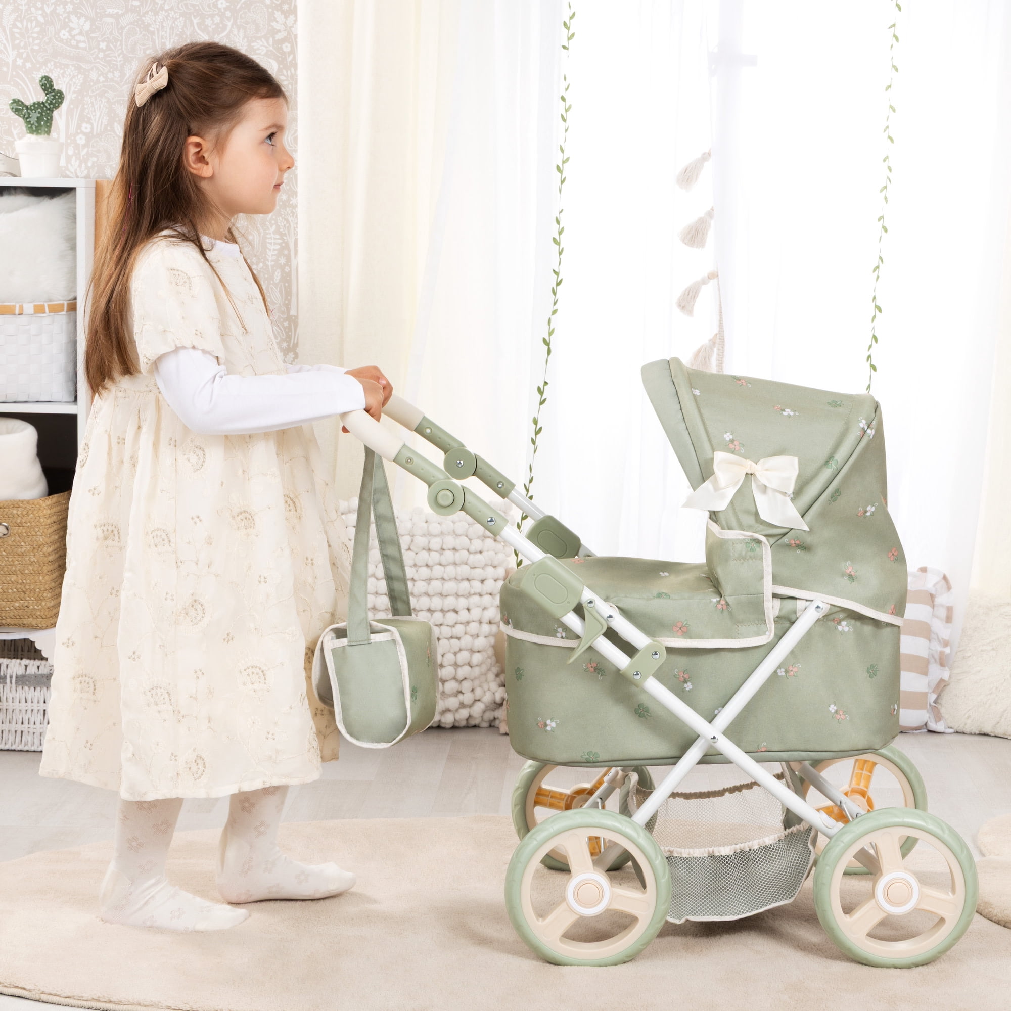 Bayer Design: Doll Pram Trendy - Green & Flowers - Play Push Stroller, Handbag, Adjustable Handle, Foldable, Toy Care Accessory Fits 18" Dolls, Kid 3+