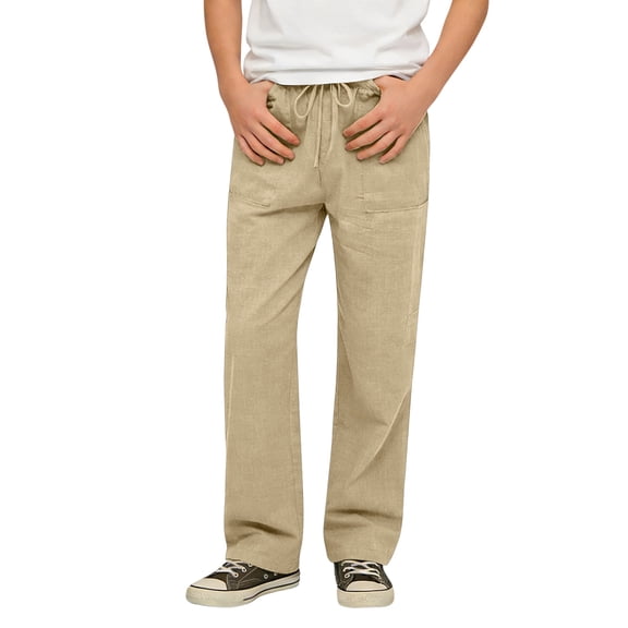SonxaHe Pants for Big Boy Breathable Straight Leg Trousers Kids Cozy Daily Play Outdoor Pants with Elastic Waist Beige,Size 12-13 Y