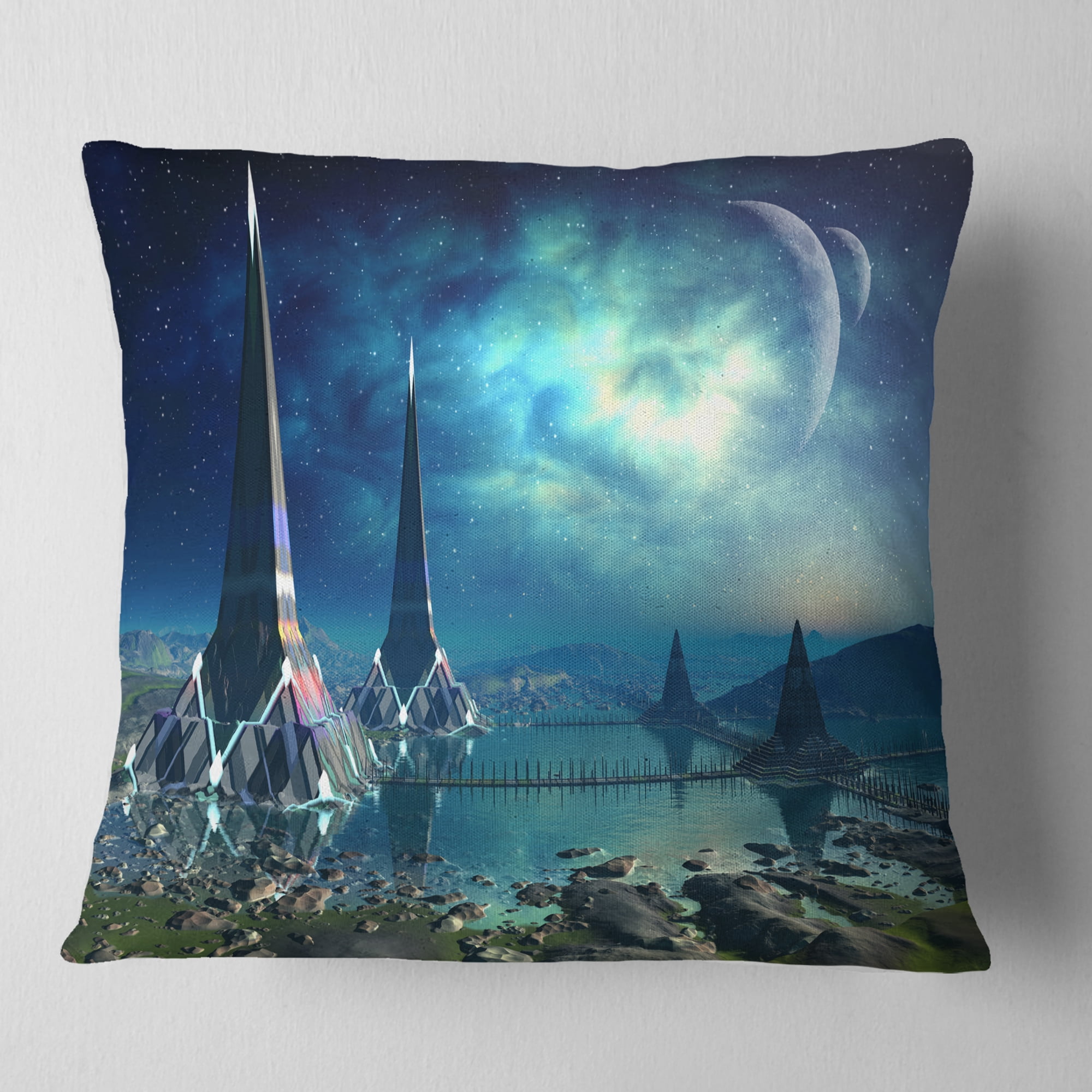 Designart The Towers of Gremor Alien Planet - Abstract Throw Pillow - 16x16