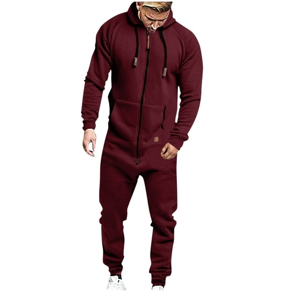 GigrtiJin Mens Hooded Jumpsuits Solid Color Zipper Drawstring Long Sleeve Sweatshirt with Pocket Winter Thermal Workout Sets