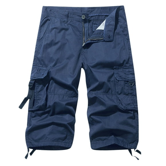 Capri Pants for Men Casual Button Zipper 3/4 Cargo Pants Baggy Multi Pockets Drawstring Outdoors Sports Hiking Below Knee Shorts