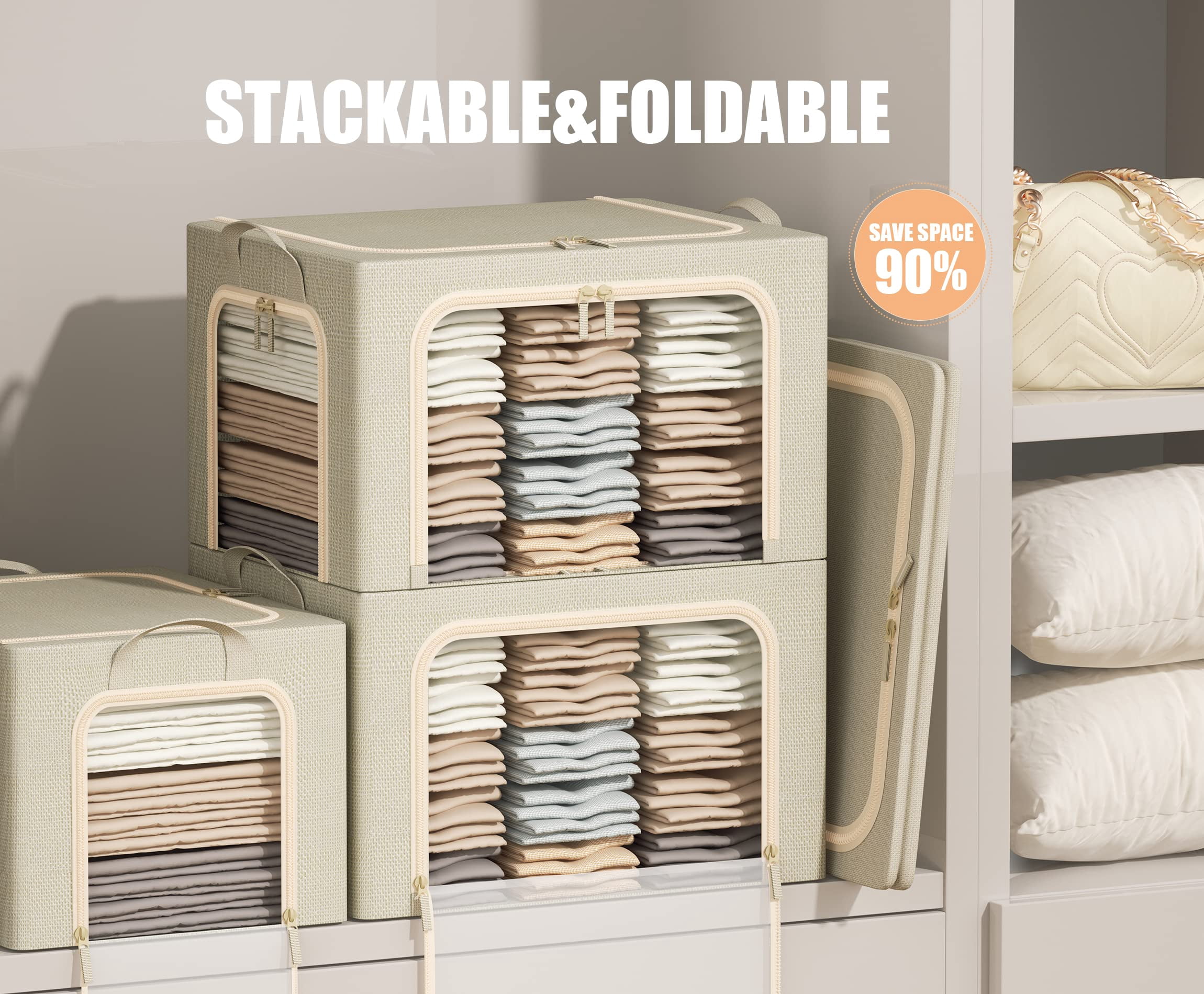 3 Pack Beige Linen Fabric 66L Stackable Storage Bins, Closet Organizer with Lid, Clear Window & Handles for Clothes, Bedding & Linen