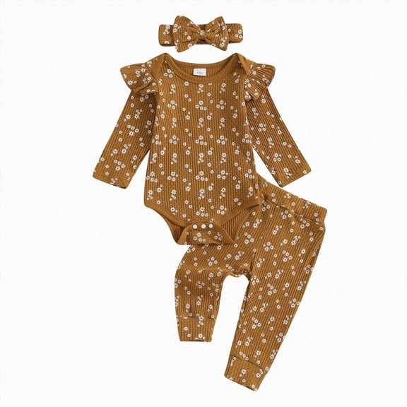 TOWED22 Newborn Girl Fall Winter Outfits 3 Pcs Clothing Set Long Sleeve Round Neck Graphic Romper Jumpsuit Flare Pants Headband Baby Girl Clothes Set(Brown,12-18 M)
