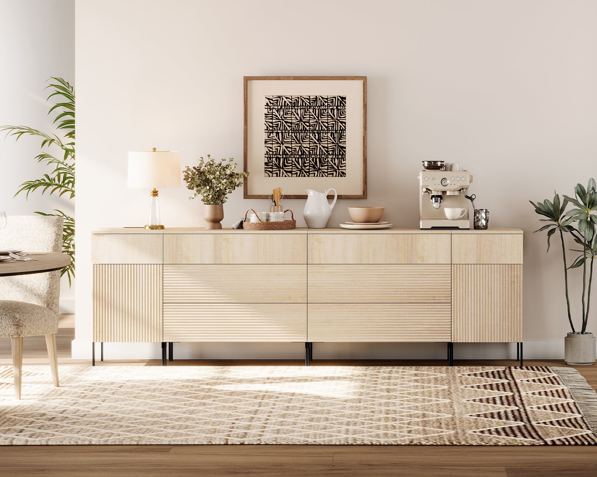 94.5" Wooden Reeded Sideboard with Built-in Charging Station, 4-In-1 Modern Credenza Storage Cabinet for Kitchen, Dining Room