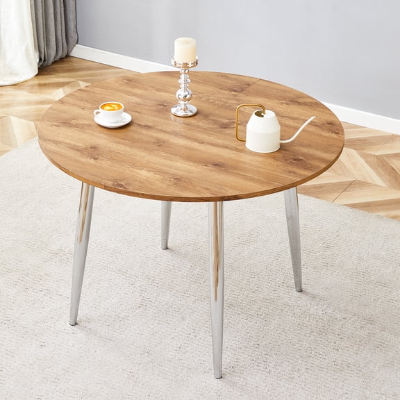 JUYG Extendable Dining Table, Wood Grain MDF Top, Silver Legs