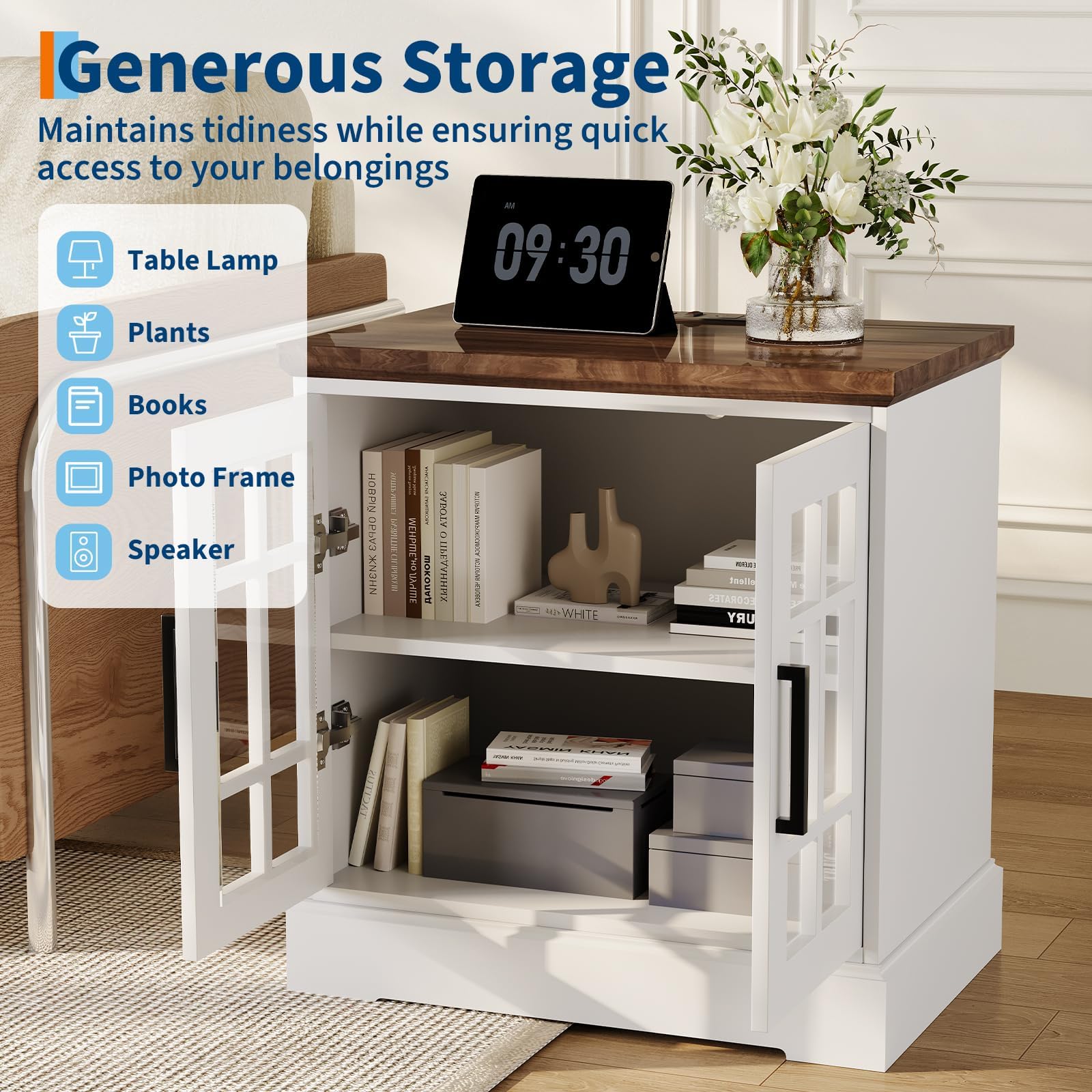 Farmhouse End Table with Charging Station, 24" Large Sofa Side Table, Nightstand with Adjustable Storage Shelf,Wood Square Bedside Table for Living Room,Bedroom