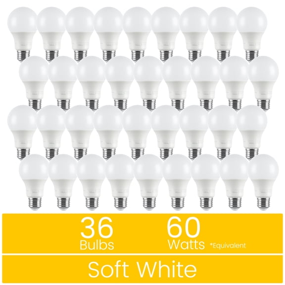 Great Value A19 LED Light Bulb, 9W (60W Equivalent) Dimmable Soft White E26 Base (36 Pack)