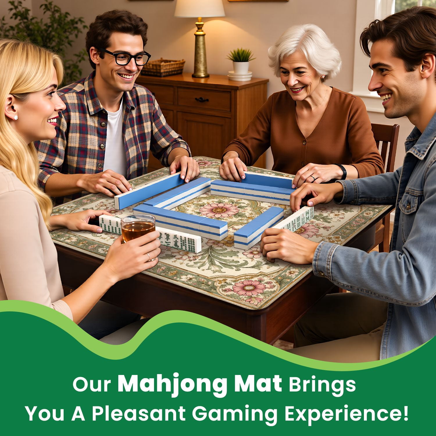 Mahjong Mat 31.5" x 31.5" Floral Ornamental Birds Foliage Soft Pastels Non-Slip Noise Reduction Mahjong Tiles Table Cover for Dominoes Poker Card Board and Tile Games