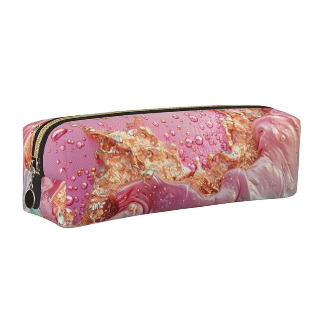 Balery Abstract Pink Gold Splash Estuche de Lápices de Cuero Impreso, Estuche para Suministros de Arte, Estuche de Lápices con Cremallera, Estuche de Almacenamiento de Papelería