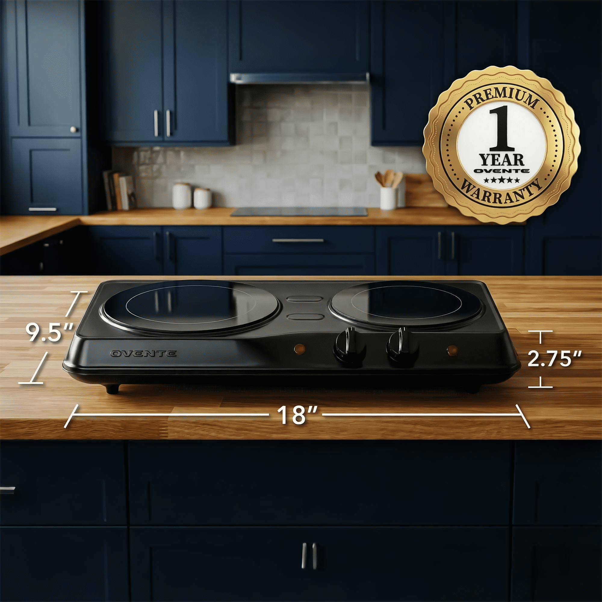 OVENTE Countertop Infrared Double Burner, 1700W Electric Hot Plate and Portable Stove with 7.75" and 6.75" Ceramic Glass Cooktop, 5 Level Temperature Setting and Easy to Clean Base, Black BGI102B