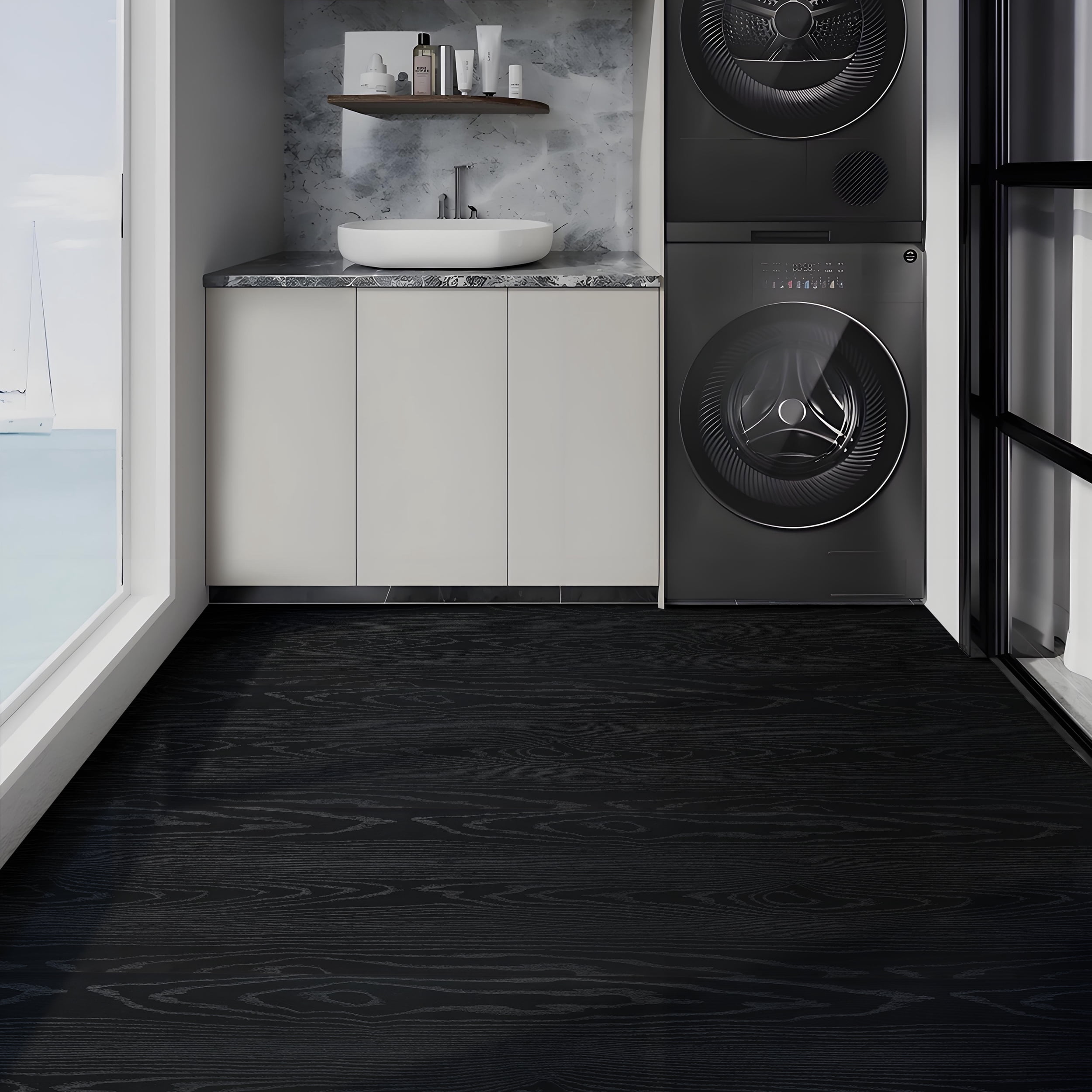 Abyssaly Vinyl Peel and Stick Flooring tile 15.7" x 236", Covering Area 25.8 Sq.ft, Self-Adhesive Floor Tile Black Wood-Look for Home Decoration