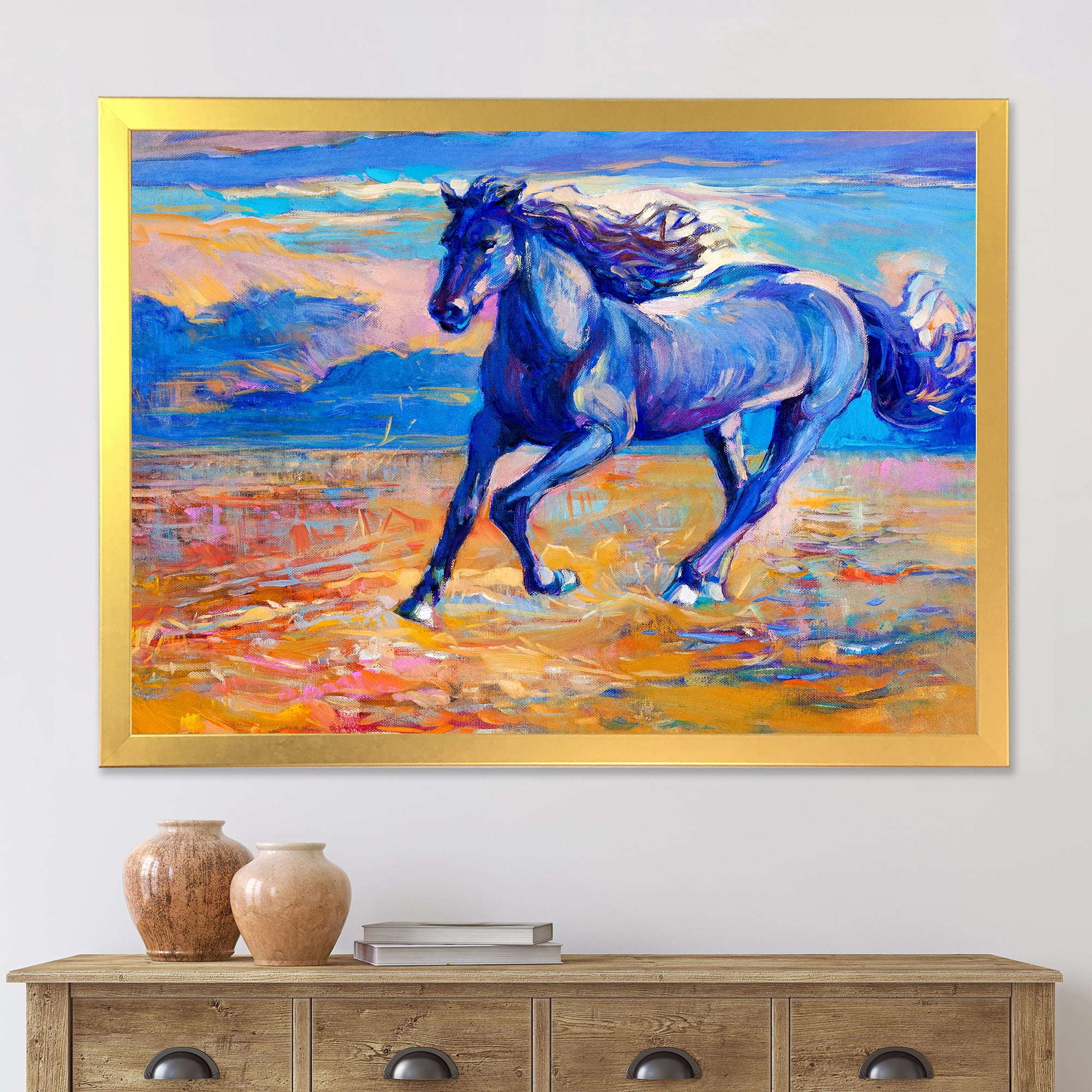 Designart 'Abstract Blue Horse Galoping Over The Prairie' Farmhouse Framed Art Print