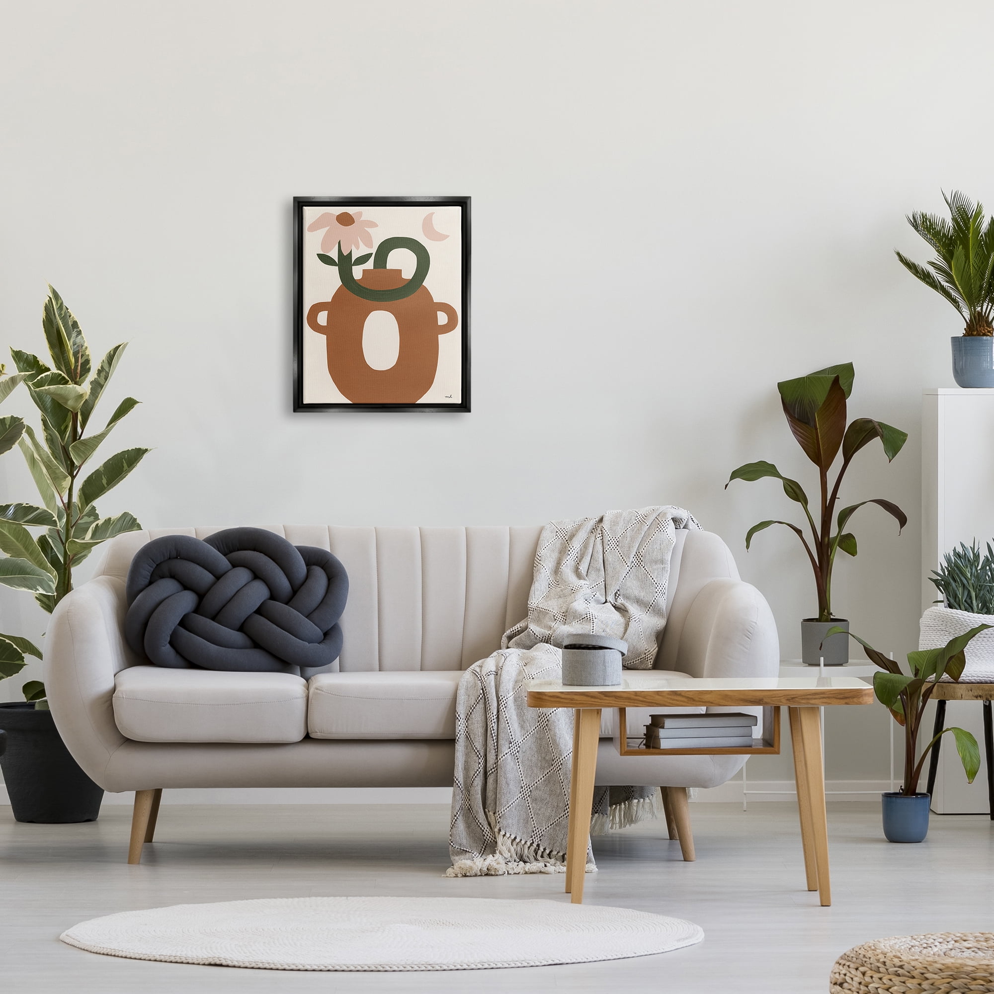 Stupell Industries Modern Boho Plant Vase Abstract Painting Black Floater Framed Canvas Art Print Wall Art, 17 x 21