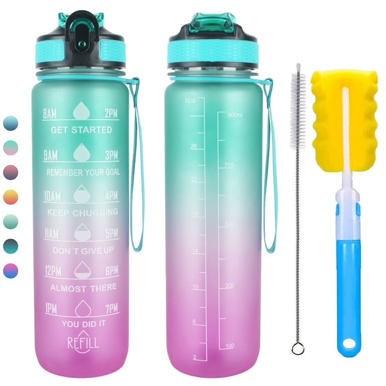 AIJIA 32oz Water Bottle with Time to Drink, Removable Straw & Wide