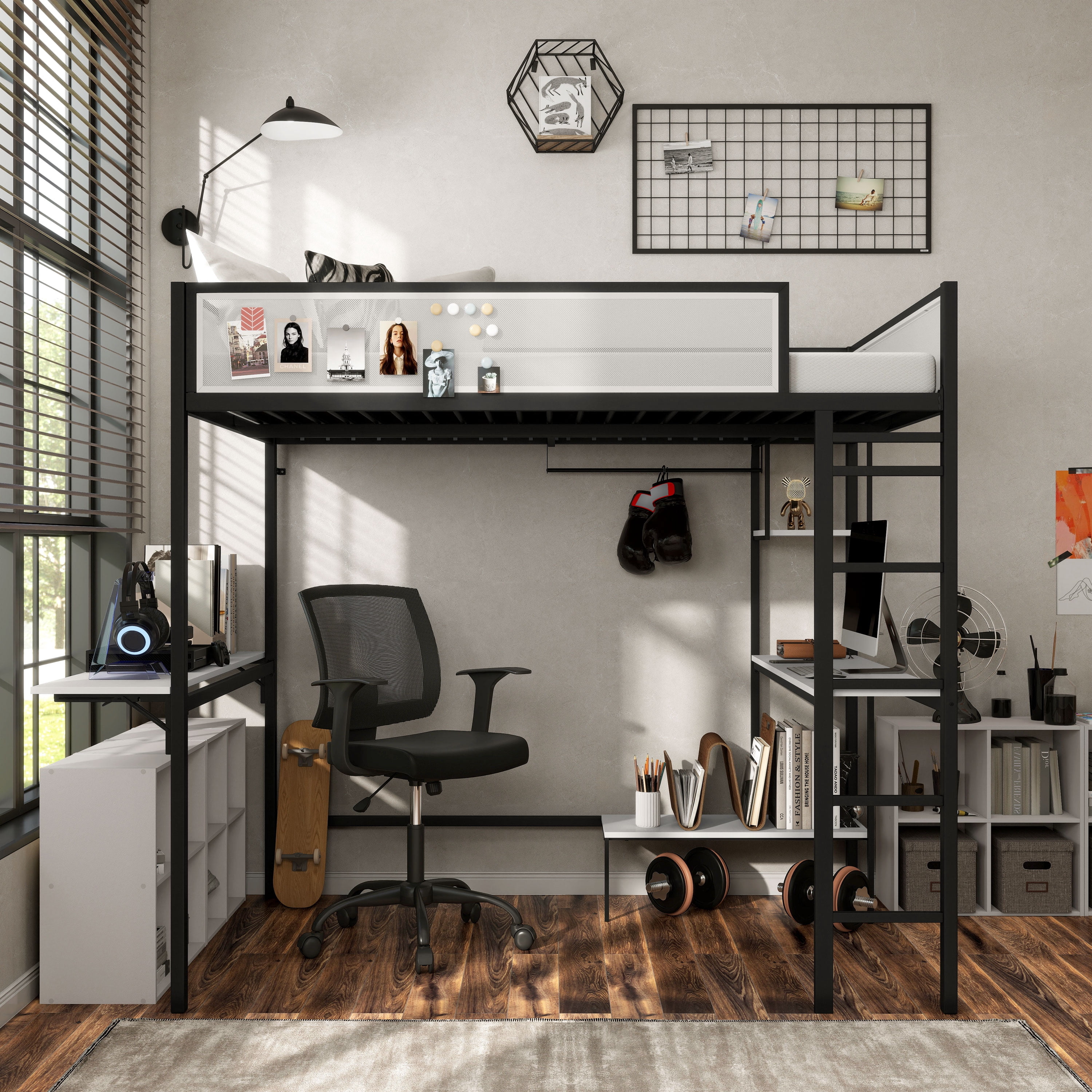Furniture of America Veric Kids Black Full Loft Bed with Dual Desks, Two Shelves and Closet Rod