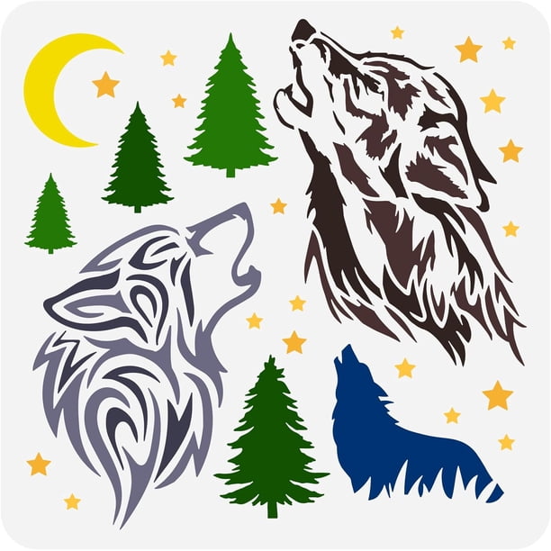 Plantilla de dibujo de lobo aullando, luna y estrellas - Plantilla de lobo con árboles del bosque para pintar sobre madera, lienzo o tela
