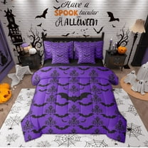 Manfei Halloween Bat 7-Piece Bedding Comforter Set,Vintage Antique Damask King Bedding Sets,Purple Black Bed Sheets For Children,Microfiber Bedroom Decor Reversible