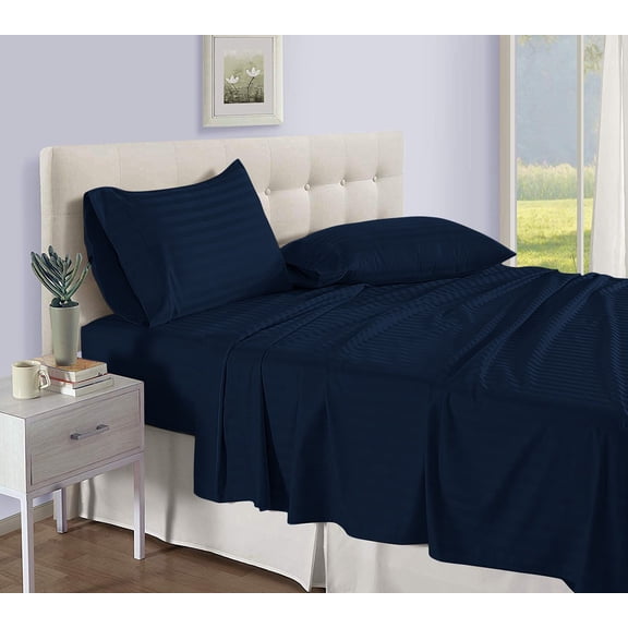 D.N.G. BEDDINGS Luxury 4 Piece Sheet Set with 8 Inch Deep Pocket 800 Thread Count 100% Egyptian Cotton Stripe Navy Blue Color Queen Size