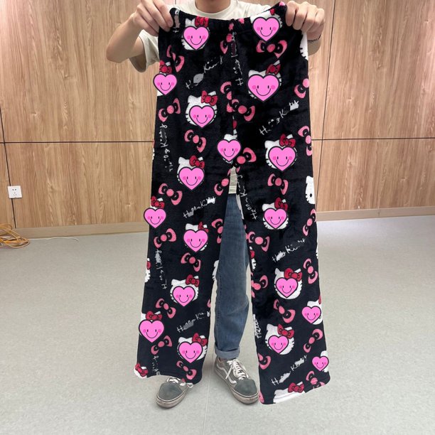 Pantalones de pijama de franela con dibujos de gatos KT, pantalones gruesos para mujer, otoño e invierno, nuevo estilo, pantalones informales cálidos de felpa para el hogar, Hello Kitty