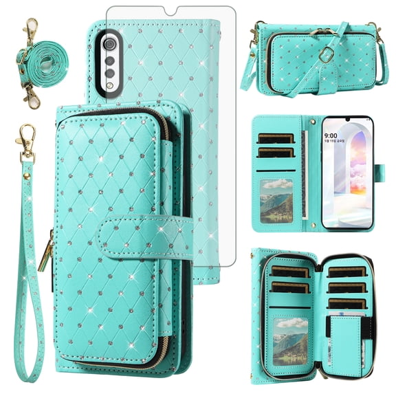 Asuwish Wallet Phone Case for LG Velvet 5G/LGVelvet Verizon G5 UW T-mobile 2020 Tempered Glass Screen Protector Bling Glitter Crossbody Lanyard Strap Flip Zipper Purse Card Holder Cell Cover Green