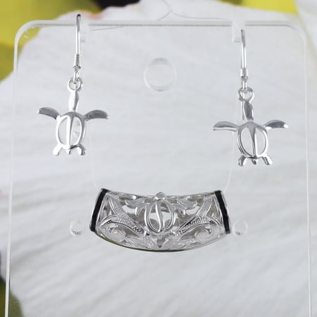 Unique Hawaiian Sea Turtle Maile Leaf Lava Tube Earring and Necklace, Sterling Silver Turtle Barrel Pendant, N8564SH Birthday Wife Mom Gift