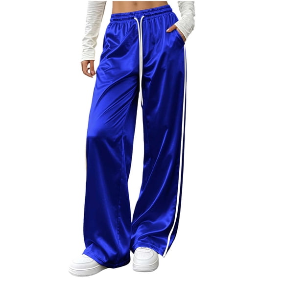 Satin Wide Leg Pants For Women Elastic Waist Drawstring Side Stripe Trousers Fall Casual Athletic Going Out Pants With Pockets