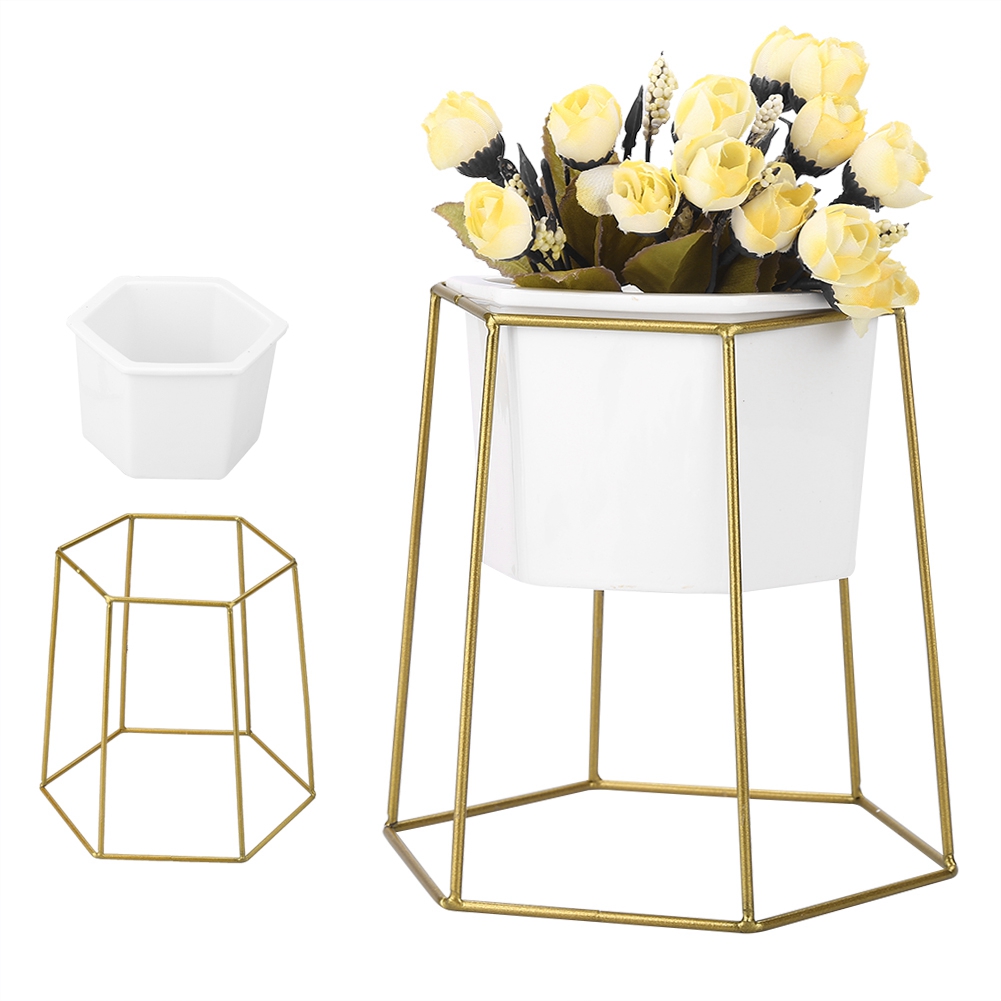 Herwey Ceramic Flower Pot and Round Geometric Metal Rack Garden Plant