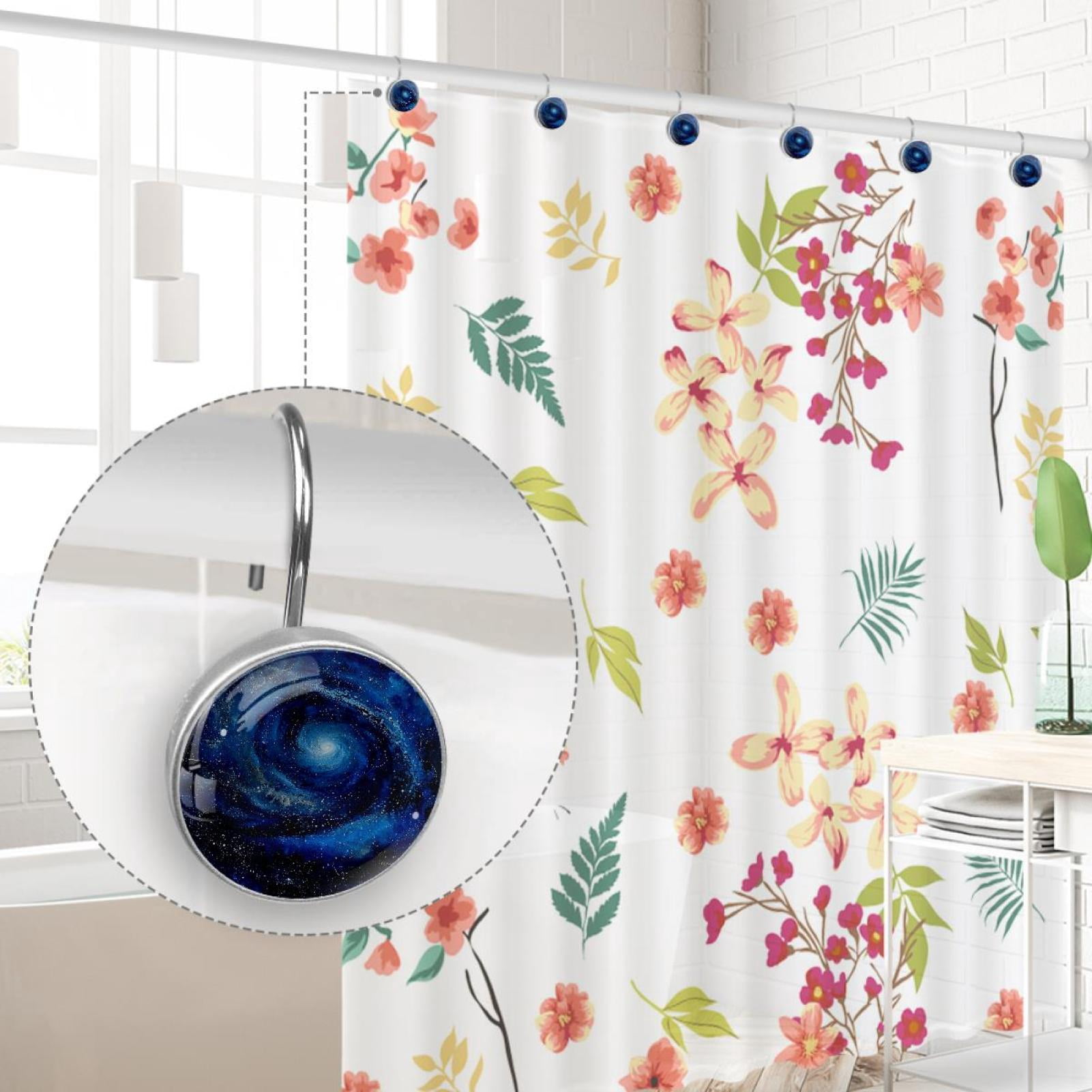 Blue Starry Space on Spiral Shower Curtain Hooks Round Crystal Glass, Set of 12 Shower Curtain Rings - Shower Hooks for Curtain Shower Rings
