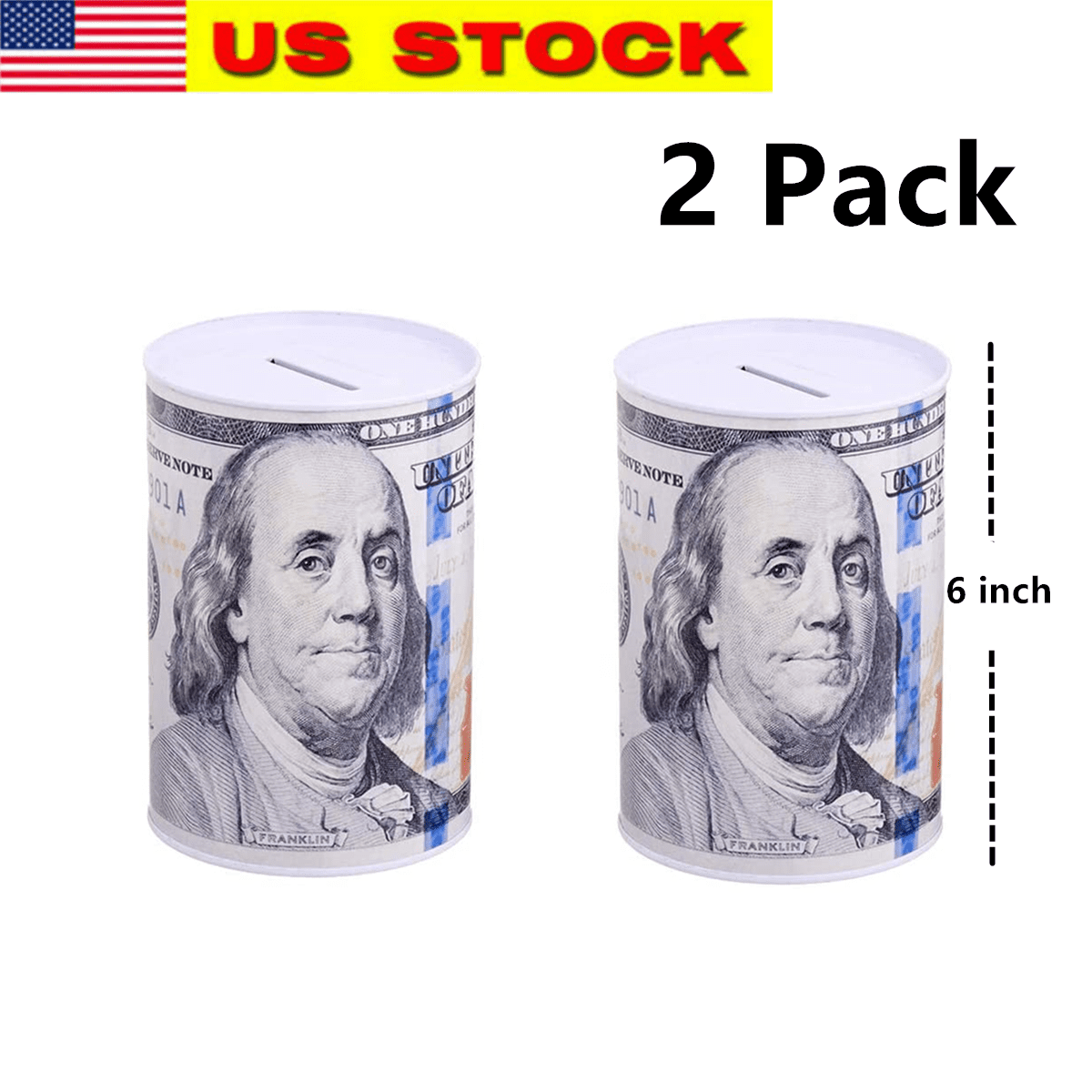 6 Pack $100 Dollar Bill Coin Bank 6 inches Tall Coin Saving Money Currency 