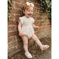 thumbnail image 5 of BemeyourBBs Newborn Baby Girl Summer Clothes Smocked Bubble Romper Cotton Linen Outfits Cherry Floral Print Crew Neck Flying Sleeve Bodysuit and Bow Headband 2 Pcs Set, 5 of 9