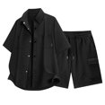 thumbnail image 2 of BinBiL Men's 2 Piece Vacation Outfits Short Sleeve Button Up Cuban Shirts and Drawstring Waist Beach Shorts Black XXXL(XXXL), 2 of 7