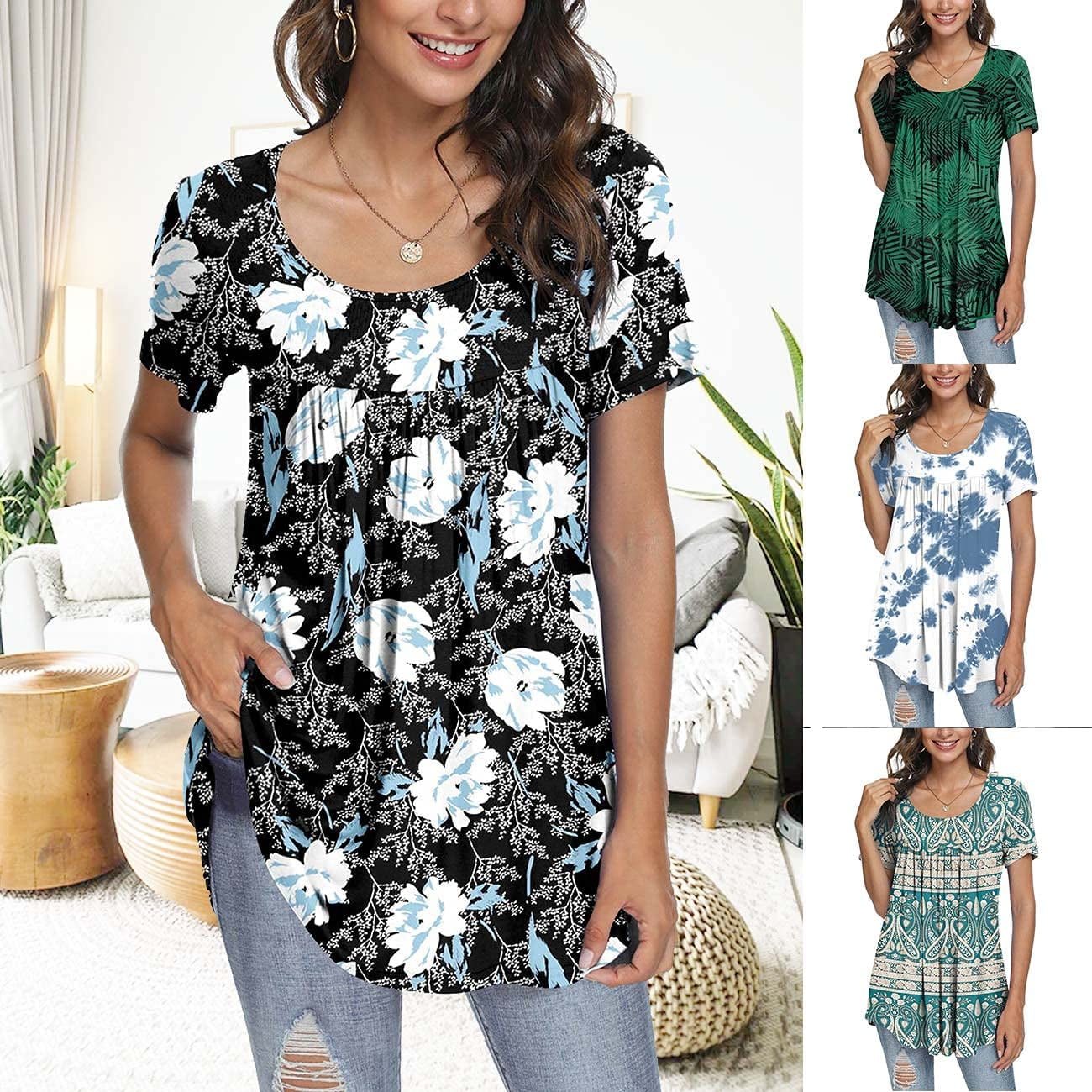 junefish women's summer pleated short sleeve tunic tops flare blouse