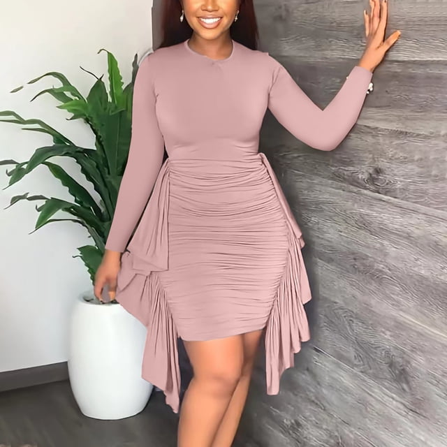 Bescita Women's Round Neck Irregular Ruffle Ruched Long Sleeve Dresses Clearance Sales