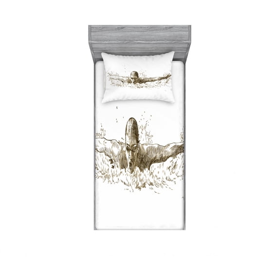 Olympics Bedding Set with Sheet & Covers, Swimmer Swimming Butterfly Style Competition Sport Sketch Art Illustration, Printed Bedroom Decor 2 Shams, 4 Sizes, Olive Green White, by Ambesonne