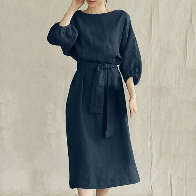 EGNMCR Robe Femme en Coton et Lin Col Rond Couleur Unie Manches Mi-Longues Ample Confortable Douce Robes Ceinture Corset Grande Taille Tendance Élégante Décontractée Robes Midi
