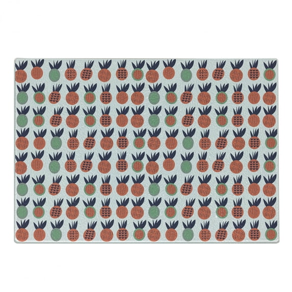 Abstract Cutting Board, Pineapples with Triangles Lines and Checkered Squares Fruit Design, Decorative Tempered Glass Cutting and Serving Board, Small Size, Dark Coral Dark Blue, by Ambesonne