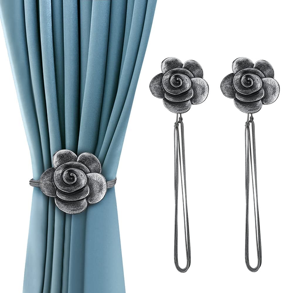 Bedroom Office Stay Smart Way Vintage Magnetic Curtain Tiebacks 2 Pack Silver Tie Backs for Curtains Decorative Buckle Holder for Home Resin Flower Magnetic Curtain Ties for Window Drapery