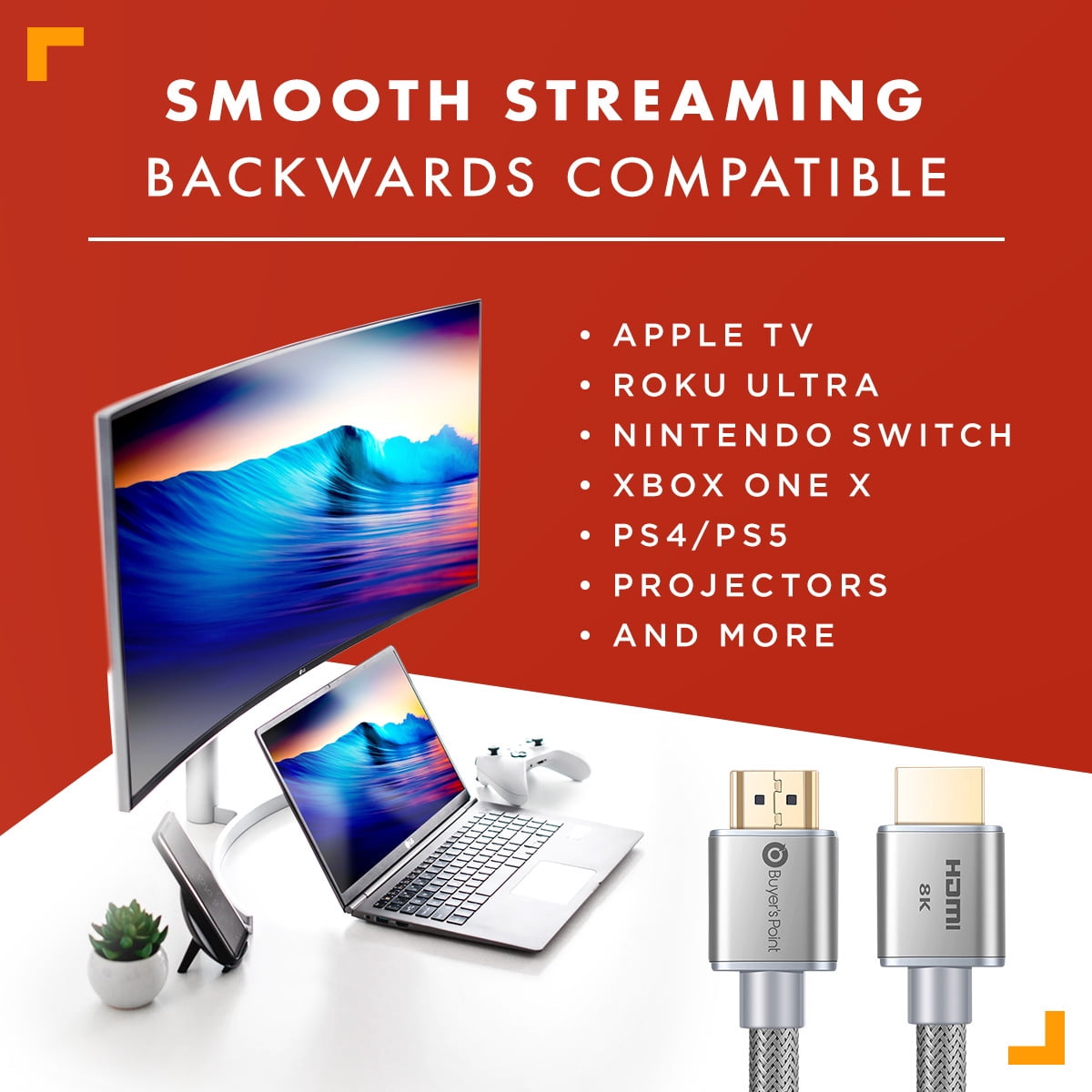 Buyer's Point 8K Ultra High Speed HDMI 2.1 Cable (6ft) with 120Hz & 48Gbps, compatible with Apple TV, Nintendo Switch, Roku, Xbox, PS5, PS4, Projector, HDTV, Bluray (5 Pack) (Gray)