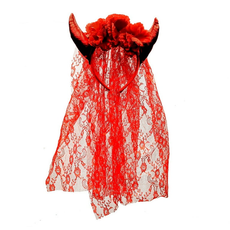 Devil Horns Headband Red Floral Lace Veil Demon Cosplay Halloween Party Costume Devil Horns Headband Red Floral Lace Veil Demon Cosplay Halloween Party Costume