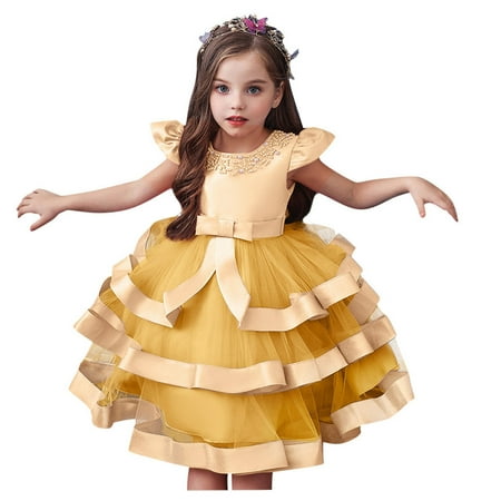 

GWAABD Cute Summer Dresses for Teen Girls Yellow Polyester Floral Kids Girls Princess Bridesmaid Pageant Gown Birthday Party Wedding Dress 90