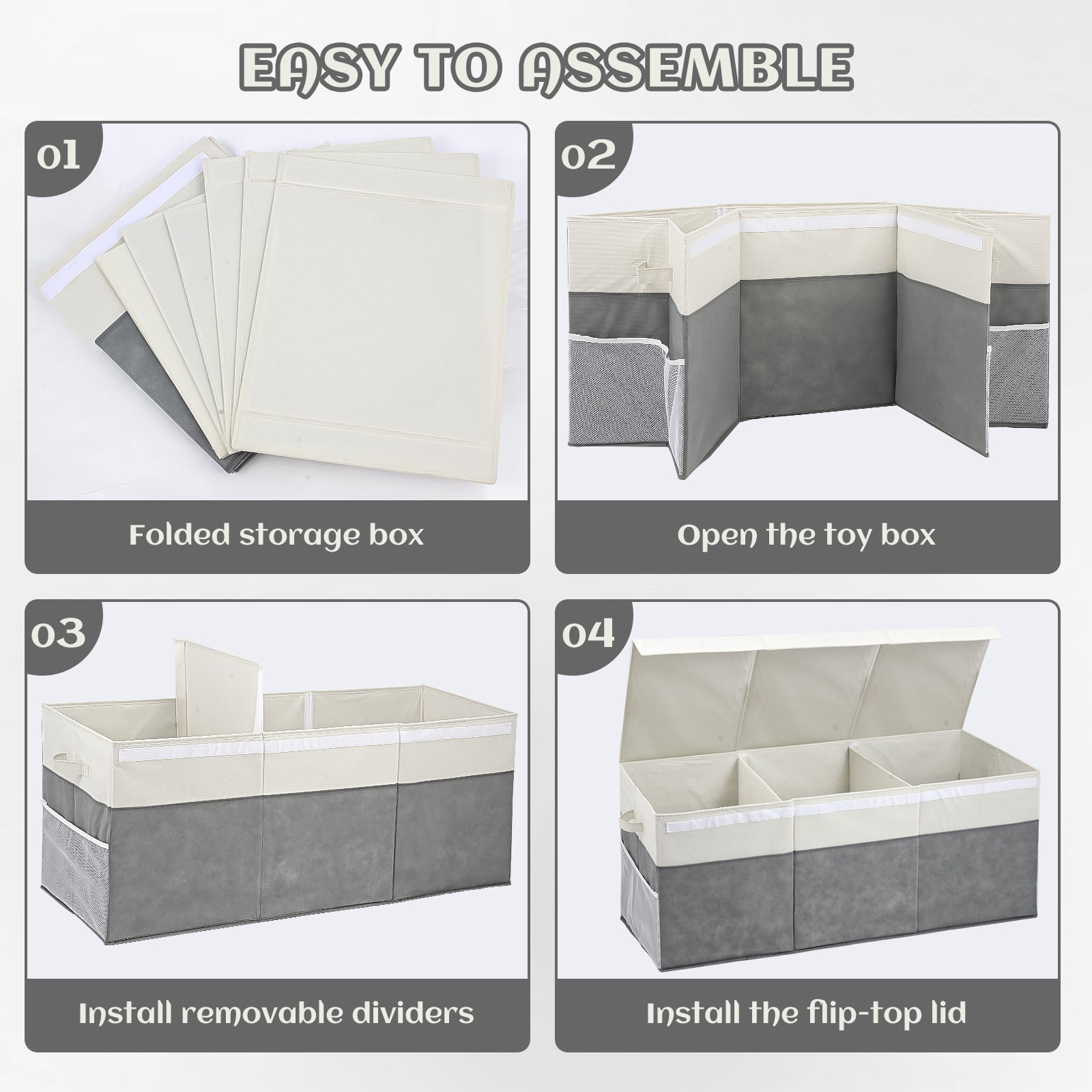 FIIOEOY Extra Large Collapsible Toy Storage Box with Lid, Divider & Mesh Pockets, 40”x14”x16”, White & Gray
